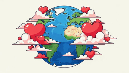 Globe surrounded by hearts and clouds, symbolizing global love and unity, on a soft, pastel background, ideal for romantic or environmental themes