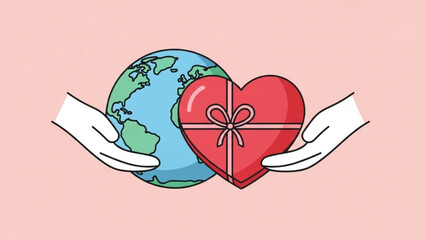 Hands holding earth and heart shaped gift box, environmental love and care illustration, pastel pink background, vector graphic
