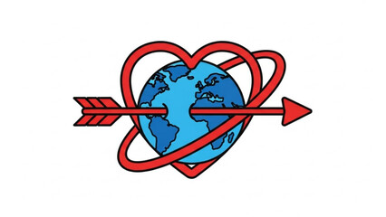 Blue earth globe in red heart shape with arrow through it, symbolizing global love and unity, vector illustration