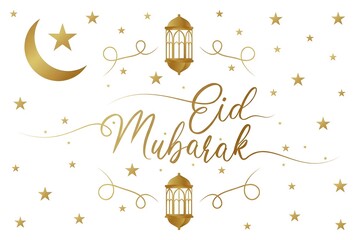 Eid Mubarak Golden Greeting Card with Calligraphy, Foil Stars, Crescent Moon, and Lanterns on White