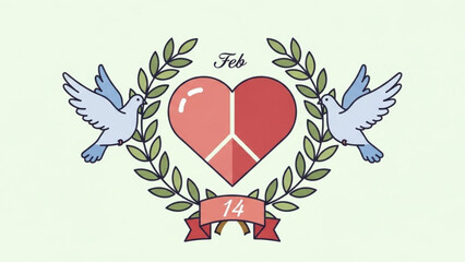 Valentines day illustration with heart and doves in wreath, romantic symbol for love and couple on february 14