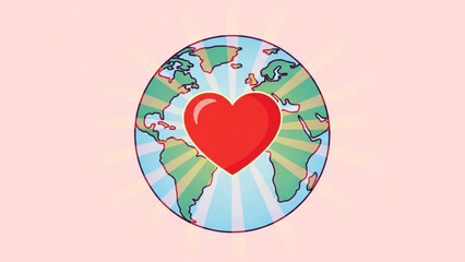 Globe with red heart symbolizing love for the planet and global unity on pink background
