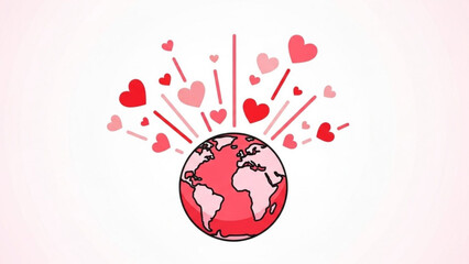 Globe surrounded by hearts and rays on white background, love for the planet, valentines day concept, global affection illustration