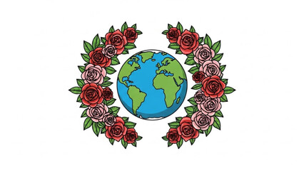 Globe surrounded by wreath of colorful roses on white background, earth day concept, environmental illustration