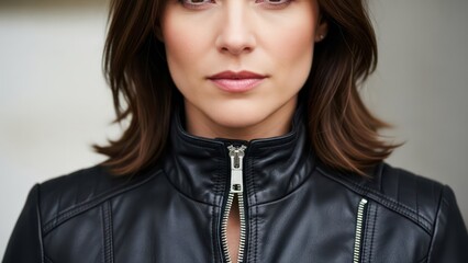 Close-up portrait of a serious woman in a fashionable leather jacket, exuding confidence and