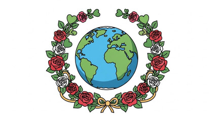 Earth globe surrounded by floral wreath with red white roses on white background, eco friendly concept illustration