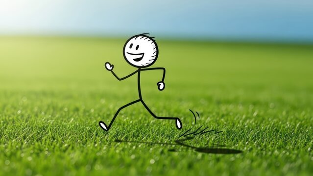 Cheerful stick figure enthusiastically running across a lush, vibrant green grass lawn under a