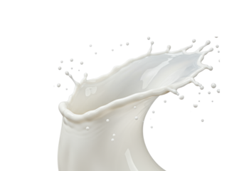 Dynamic white milk/cream splash, crown ripple, satellite droplets, luxurious texture, on transparent studio background with backlighting. Concept for beverage ad