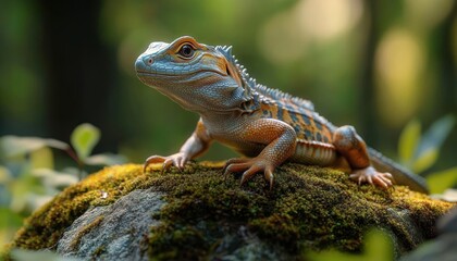 Alert colorful lizard perched on moss-covered rock in soft forest light, detailed scales and curious gaze against a blurred green bokeh background