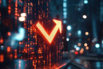 glowing orange digital checkmark arrow on a matrix code wall beside a wet urban street at night with bokeh lights and reflections conveying futuristic optimism and upward progress