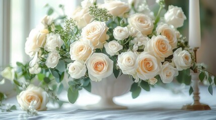 Obraz premium soft cream rose bouquet in a white pedestal vase with green foliage and small filler blooms on a table beside a candle, serene romantic mood