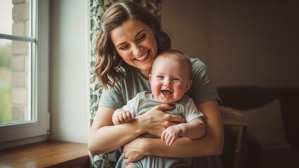 Radiant mother joyfully embraces her beaming baby near a bright window indoors