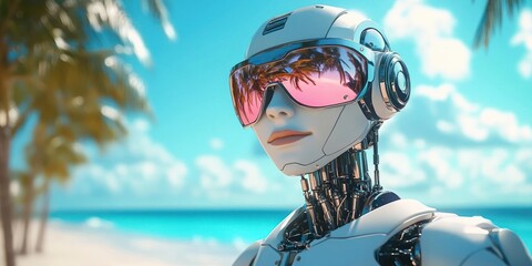 futuristic humanoid robot with reflective sunglasses relaxing on a sunny tropical beach with turquoise ocean and palm trees, serene and contemplative mood