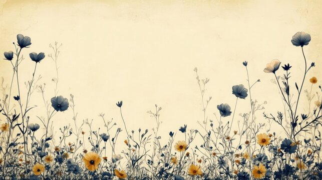 delicate wildflowers and tall slender stems in blue and golden yellow along the bottom of a vintage cream textured background, evoking calm nostalgic serenity - Powered by Adobe