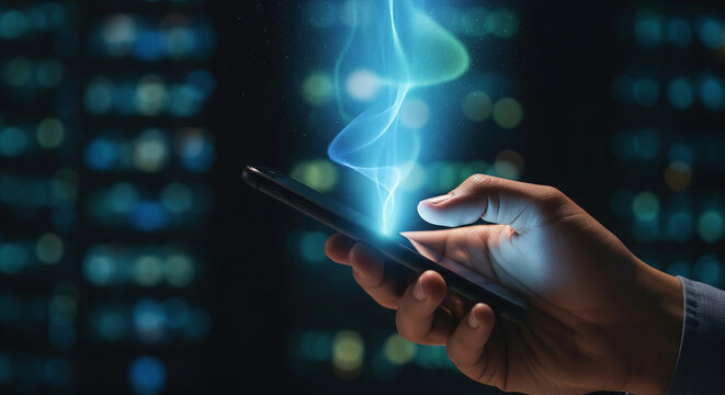 Smartphone with blue energy vapor rising from screen in a dark server room data center for cloud computing concept - Powered by Adobe