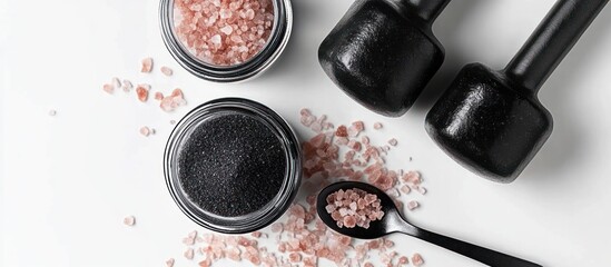 Two black dumbbells with jars of pink and black salt, a black spoon and scattered pink salt crystals on a white surface conveying calm wellness and balanced self-care