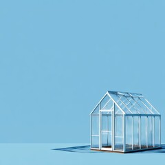 Fototapeta premium A Small Glass Greenhouse Structure on a Solid Blue Background With Shadows Below