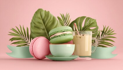 Pastel-toned display of macarons, iced coffee drink, and tropical leaves on a soft pink background.
