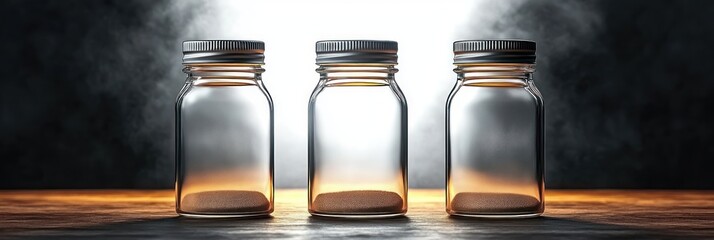 Three clear glass jars with metal screw lids standing in a row on a wooden surface with a thin layer of sand, dramatic backlight and smoky background, calm minimalist mood