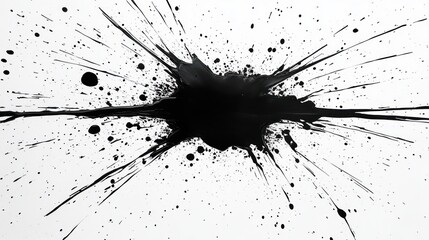 large black ink splatter with radiating droplets on a white background conveying explosive chaotic energy