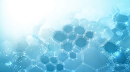 glowing blue hexagonal molecular network with sparkling nodes on a soft light background conveying futuristic scientific calm