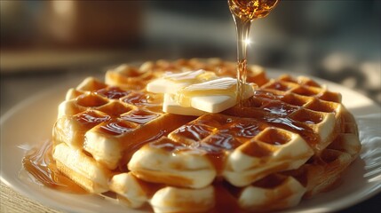 Fresh Golden Waffles with Maple Syrup Drizzle