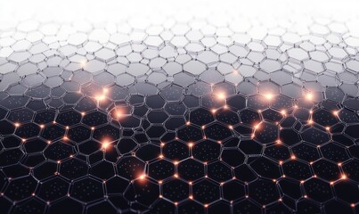 glowing orange nodes on a reflective hexagonal mesh network across a dark-to-light gradient surface conveying futuristic connectivity