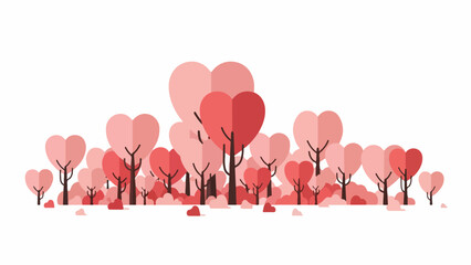 Abstract illustration of stylized heart-shaped trees in various shades of pink and red on a white background, conveying love and romance