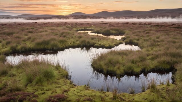 Restored highland peatland at dawn with mist and reflective pools &mdash; conservation landscape editorial
