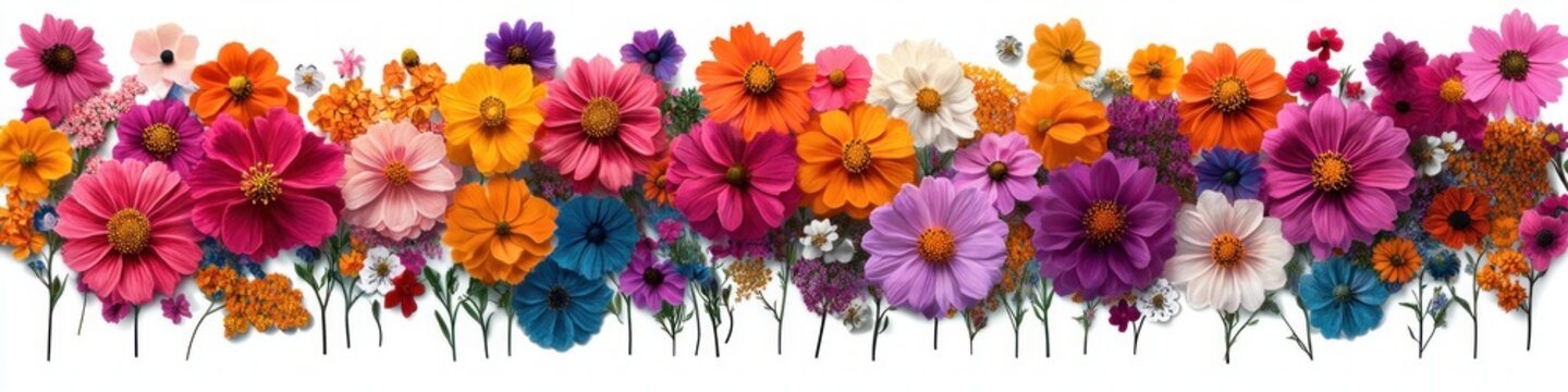 vibrant horizontal border of assorted colorful blossoms and stems on white background, a cheerful joyful summer floral display
