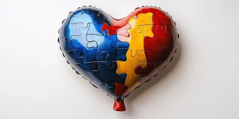 Glossy heart-shaped balloon with interlocking jigsaw puzzle pieces in blue, yellow and red floating against a clean white background, evoking warmth, unity and hope