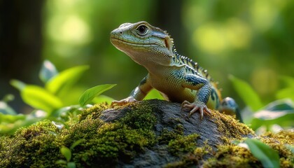 Fototapeta premium Curious green lizard perched on a mossy rock among leafy forest undergrowth, alert and calm with textured scales