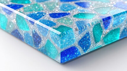 Close-up of blue and turquoise glass mosaic tiles in resin. Great for architecture blogs, pool design sites, and articles on interior textures, Mediterranean decor, and crafts.