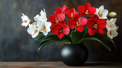 red and white orchid bouquet with lush green leaves in a matte black round vase on a wooden table against a dark textured background conveying elegant calm
