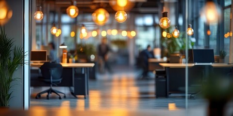 Warm modern open office with hanging filament lights, desks, chairs, computers, glass partitions and plants, blurred people creating a calm productive atmosphere