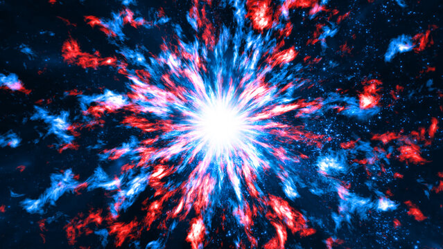 Glowing plasma energy explosion animation of blue red spark particles softly bursting and forming light on a dark background