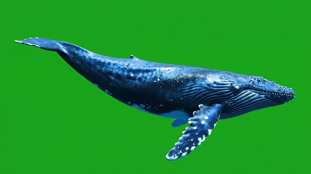 Humpback whale swimming in front of a green background