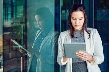 Tablet, research and reading with business woman in office for planning, insurance policy and...