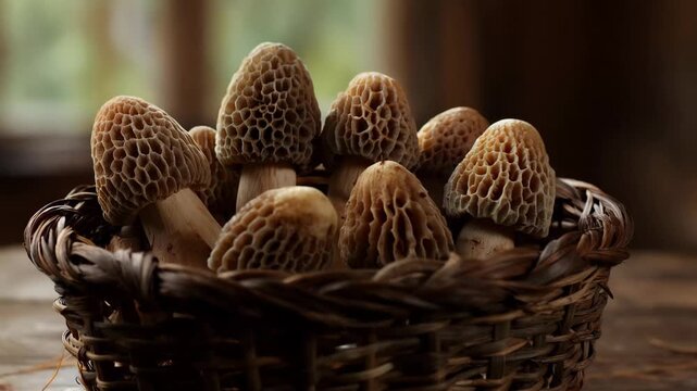 Morel Mushrooms Collected in a Basket on a Wooden Table in a Rustic Setting