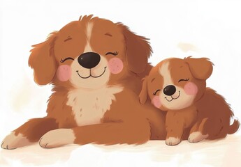 Fototapeta premium smiling fluffy brown adult dog and puppy cuddling peacefully with closed eyes and rosy cheeks, sharing a warm affectionate bond and gentle contentment on a light background