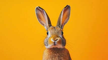 A close-up of a rabbit holding an egg in its mouth against a vibrant orange background