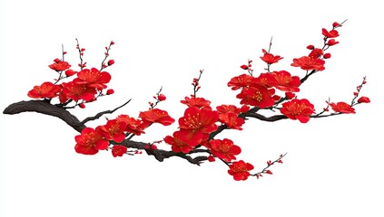 A vibrant branch of blossoms displays a profusion of vivid red flowers against a pristine white background.
