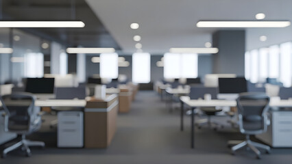 Bright open plan office space with blurred workstations and large windows creating a modern work environment.