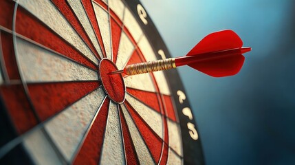 close-up of a red dart perfectly lodged in the bullseye of a dartboard, conveying precision and triumph