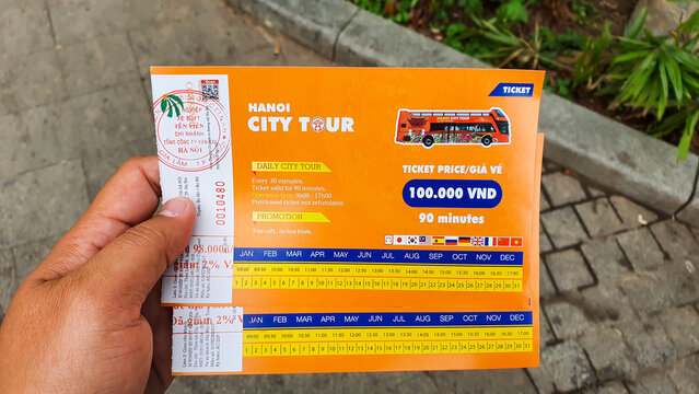 Ho Chi Minh City, Vietnam - March 13, 2022 : Tickets Of Hanoi City Tour By Double Decker Bus For Tourist.