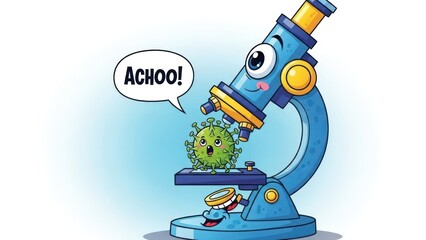 Cartoon Microscope Examining A Cute but Sick Virus Germ with the Word Achoo