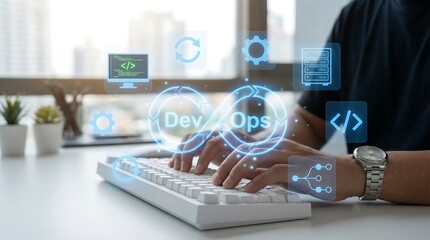 A person is working on a computer surrounded by glowing digital icons representing devops coding and network infrastructure concepts illustrating modern software development