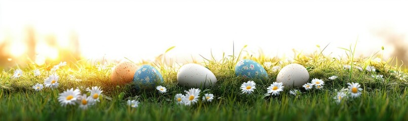 Fototapeta premium painted and speckled eggs nestled in green grass with white daisies at sunrise, warm glowing light conveying a peaceful cheerful spring morning