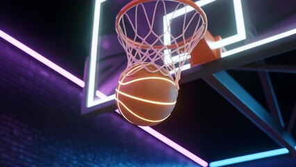 Neon Basketball Swishing Through Hoop at Night