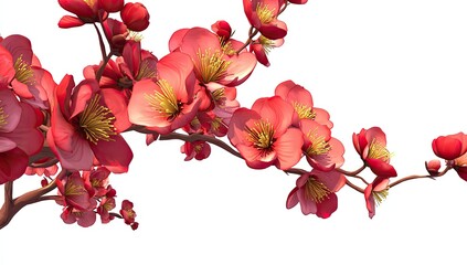 A vibrant branch of blossoms displays a profusion of delicate, crimson flowers against a pure white backdrop.